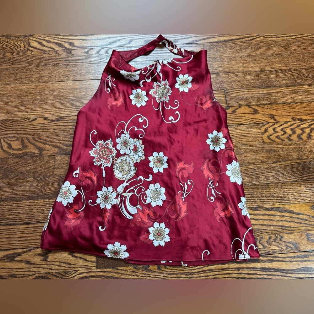 Ann Taylor Red Floral Satin Halter Neck Blouse Women’s Size 8